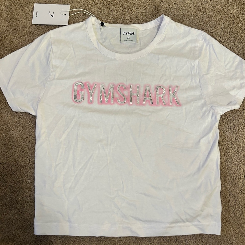Gymshark White Tee with pink and rhinestones nwt women's xsmall new with tags